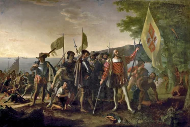 Christopher Columbus lander i San Salvador, Bahamas den 12. oktober 1492, pub. 1825